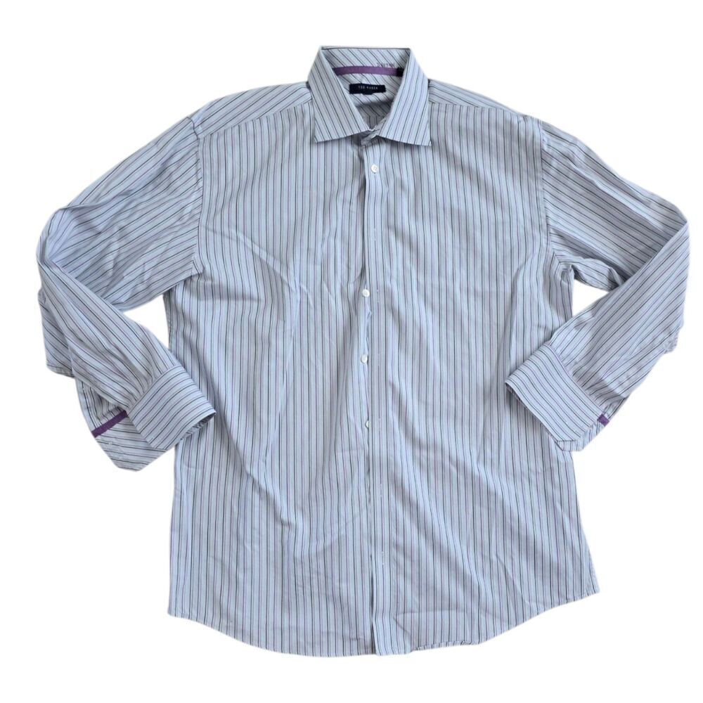 Ted Baker Gray Striped Cotton Dress Shirt 17 32/33